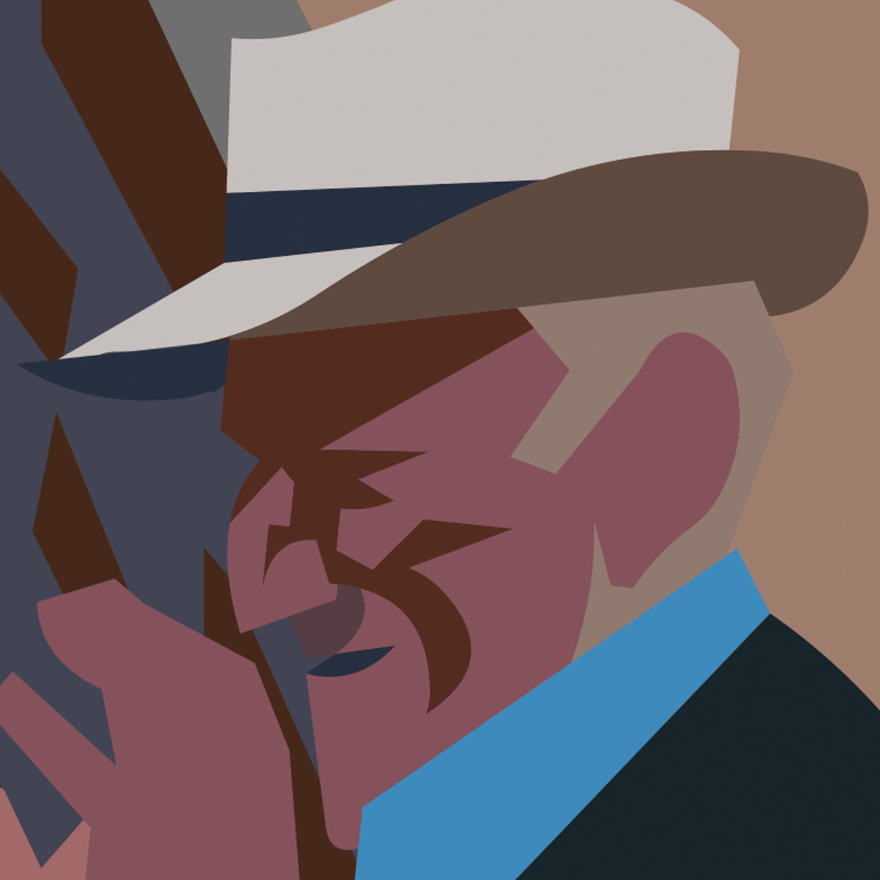 Scopri "Alba Truffle Flavour", Ambientazione dell'illustrazione iconica di Pierpaolo Rovero che cattura la magia della stagione del tartufo bianco ad Alba. Un'opera ricca di dettagli, dove storia e tradizione si fondono in una rappresentazione vivace della raccolta del tartufo. Dettaglio viso cavatore